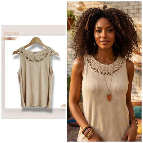 Nygard Collection Tops - 🌿Nygard Sleeveless.Shimmer Tan Knit Top with Crochet Yoke - Size XL